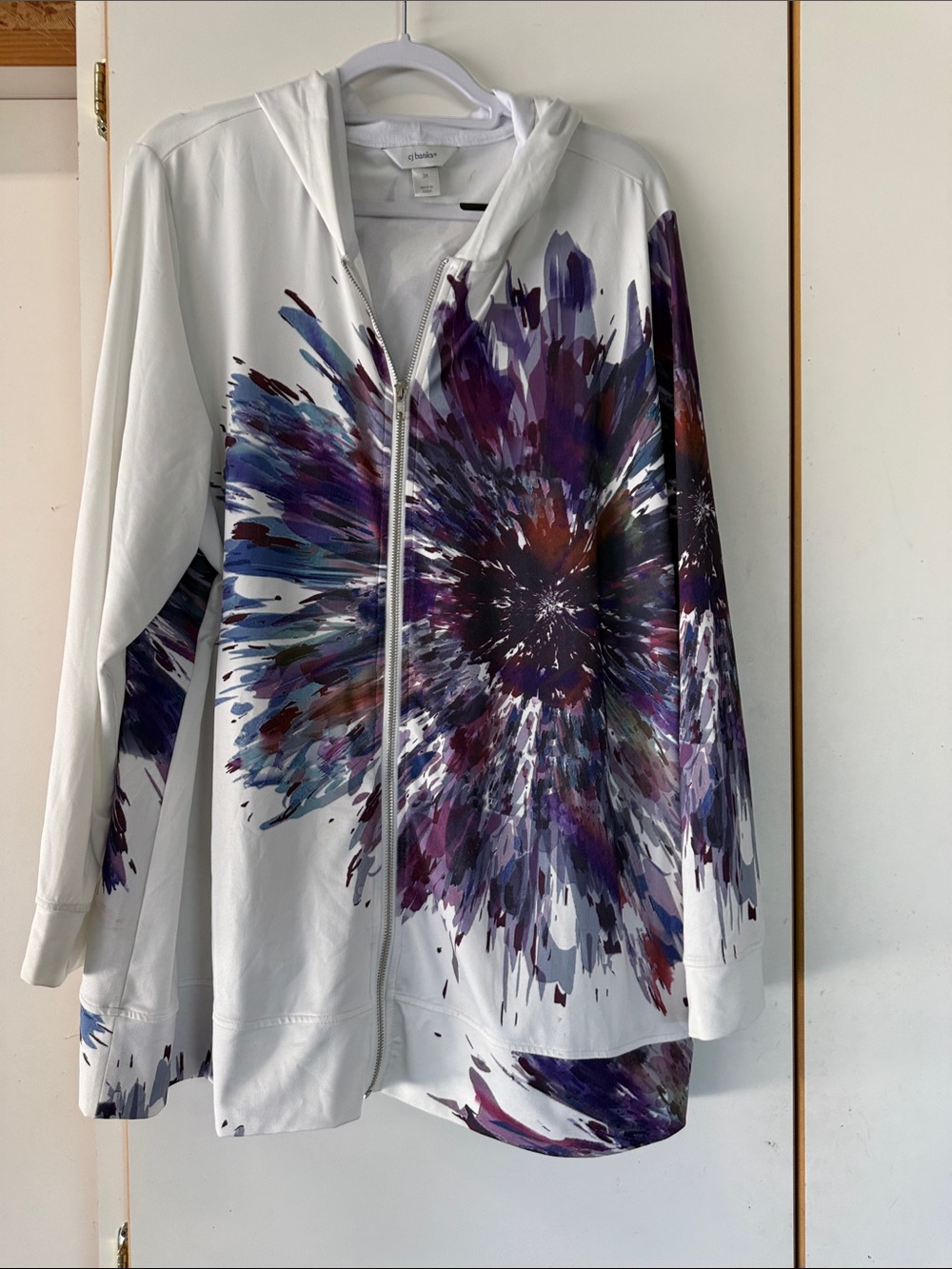 CJ Banks White Zip-Front Hoodie with Purple Burst Print